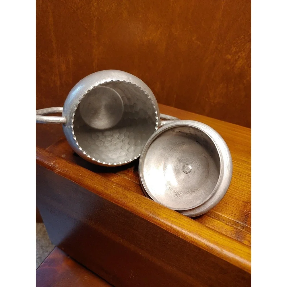 Vintage Mid Century Hammered Aluminum Sugar Bowl & Lid with Knob Handle Unique